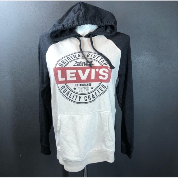 Levi's Charcoal Gray and Cream Logo Graphic Fleece Pullover Hoodie - Picture 1 of 7